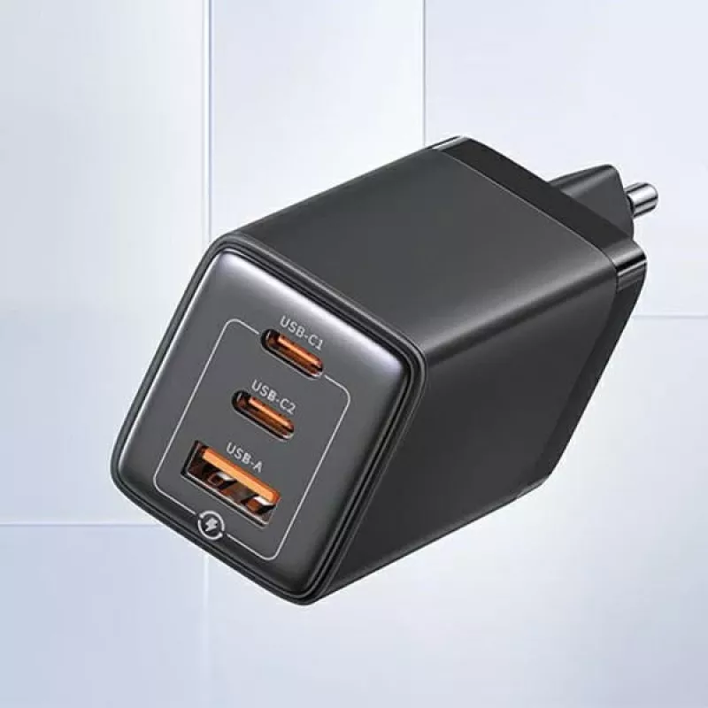 USAMS Sandru Series 65W GaN Wall Charger 2xUSB-C 1xUSB-A PD3.0 QC3.0 Fast Charging Black CC180TC01
