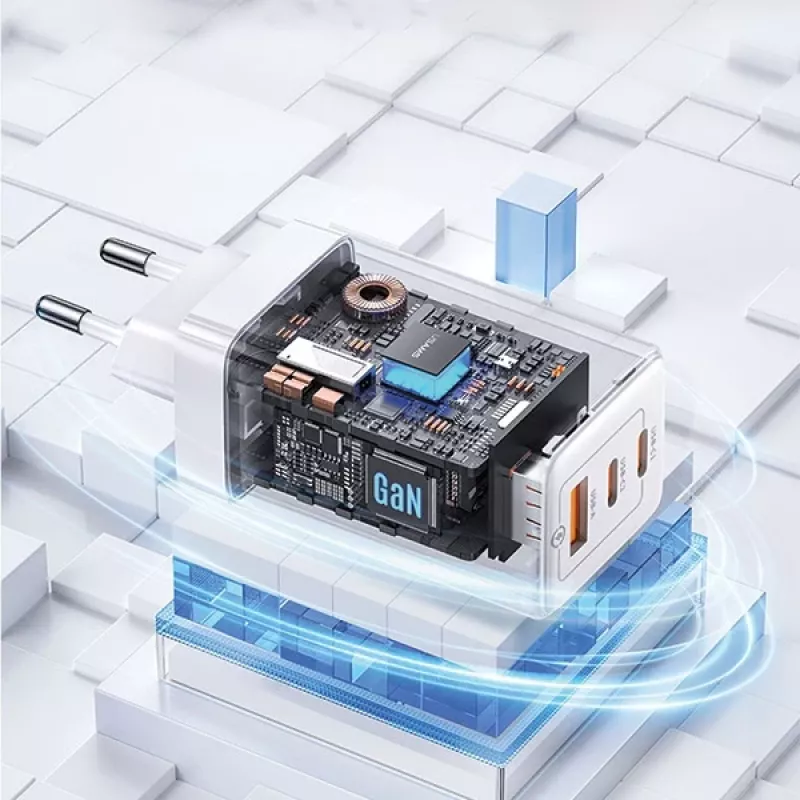 USAMS Sandru Series CC180TC02 GaN 65W USB-C Ladegerät (Weiß) - 2xUSB-C + 1xUSB-A, PD3.0 & QC3.0 Schnellladung, EU-Stecker