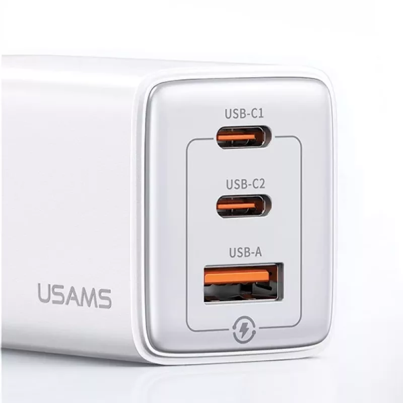 USAMS Sandru Series CC180TC02 GaN 65W USB-C Ladegerät (Weiß) - 2xUSB-C + 1xUSB-A, PD3.0 & QC3.0 Schnellladung, EU-Stecker