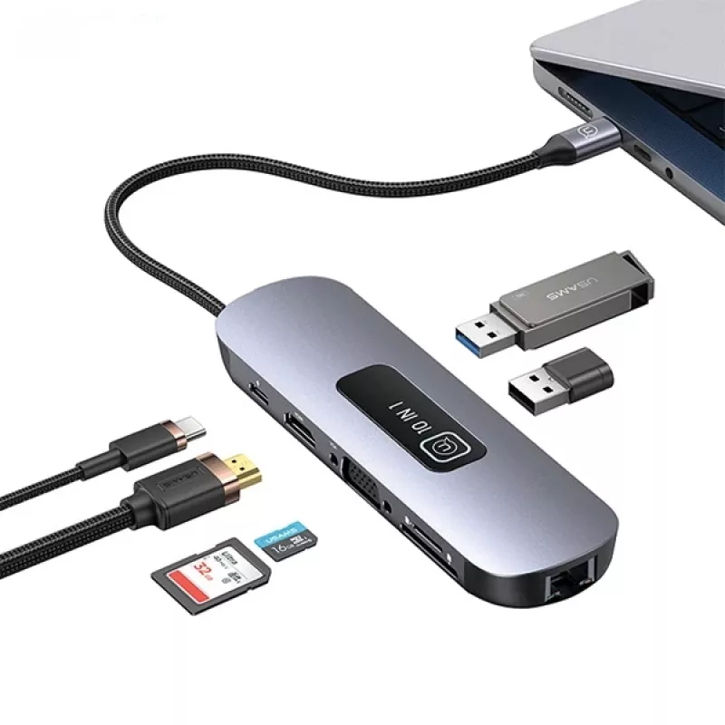 USAMS 10-in-1 USB-C Hub Adapter 3x USB 3.0, SD/TF, HDMI, VGA, RJ45, PD 100W, Grau
