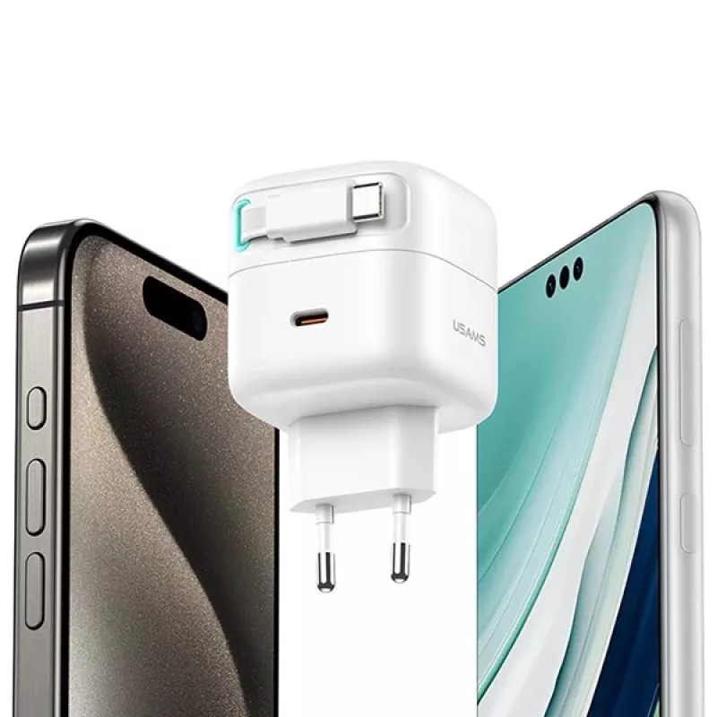 USAMS XMF Series CC202TC02 35W GaN USB-C-Netzladegerät mit einziehbarem USB-C-Kabel, PD+QC, Weiß