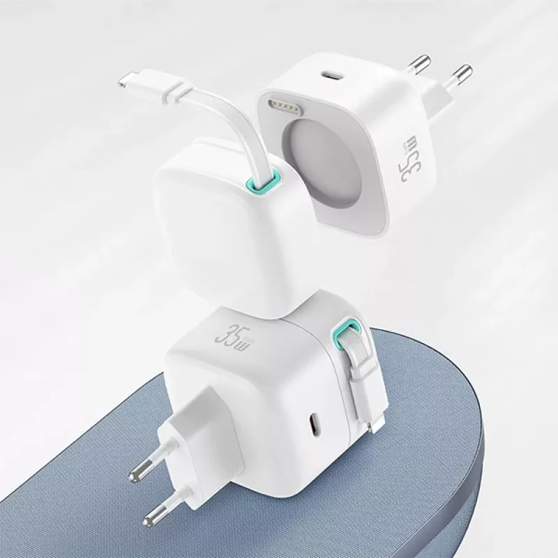 USAMS XMF Series CC209TC01 35W GaN Fast Charger mit einziehbarem USB-C auf Lightning Kabel, Schwarz
