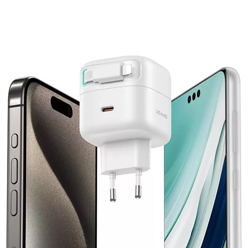 USAMS XMF Series CC209TC01 35W GaN Fast Charger mit einziehbarem USB-C auf Lightning Kabel, Schwarz