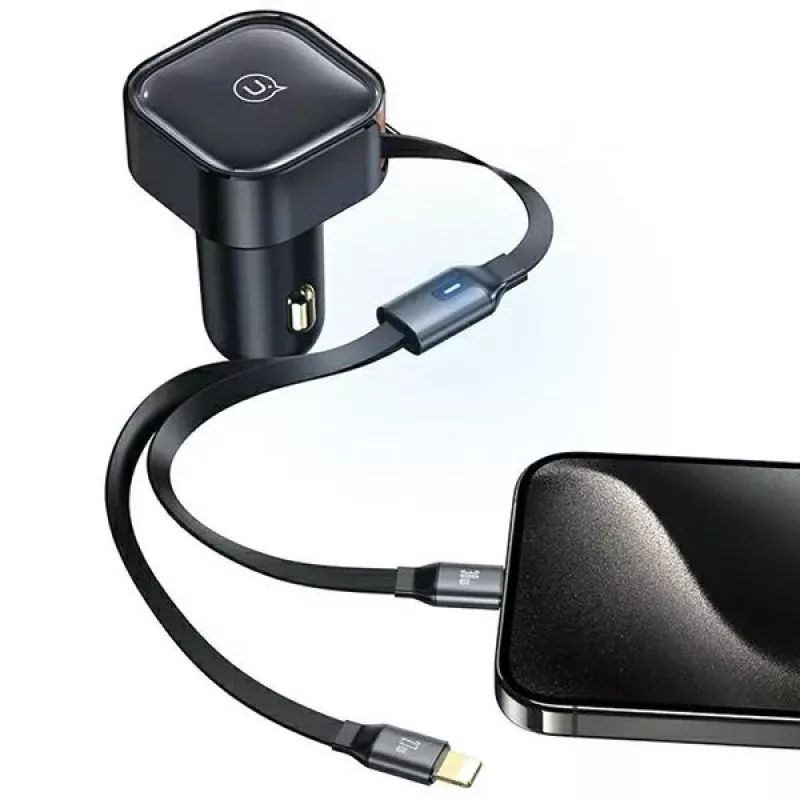 USAMS C41 Auto-Ladegerät 30W PD Schnellladung mit einziehbaren USB-C & Lightning Kabeln Schwarz (US-CC219)