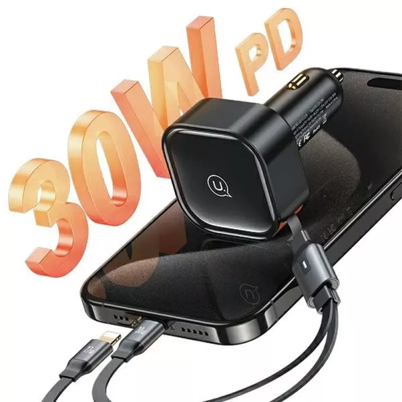 USAMS Autoladegerät mit einziehbarem Kabel 2xUSB-C C41 PD 30W Schnellladung Schwarz CC220CC01 (US-CC220)