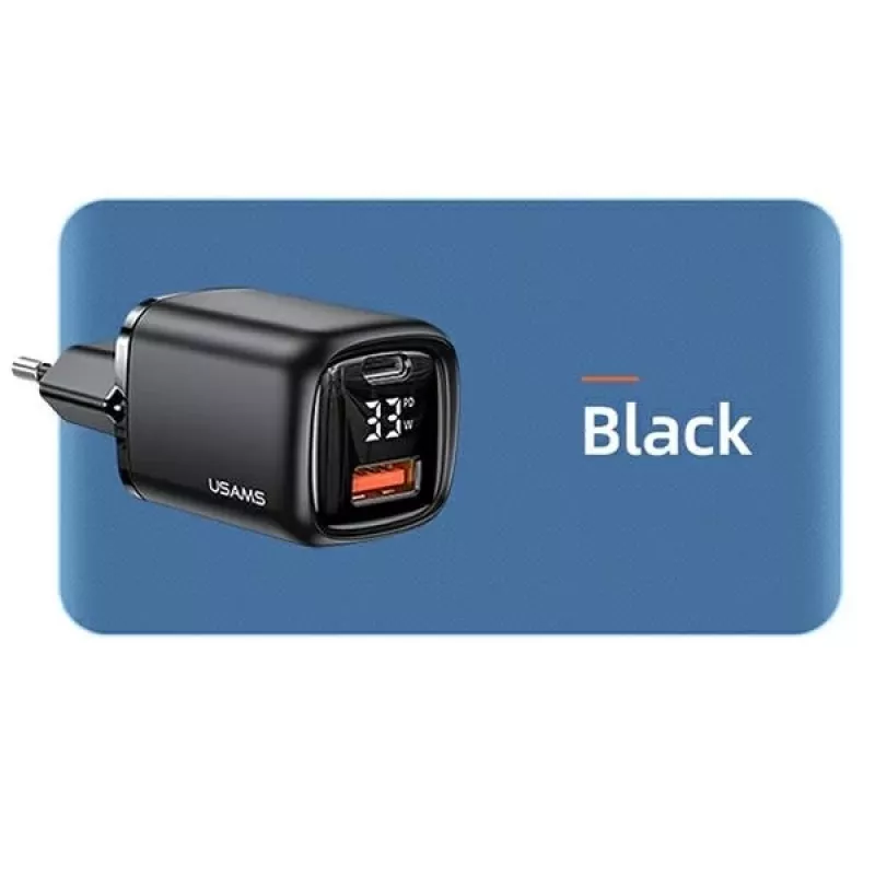 USAMS USB-C + USB-A 33W Fast Charger PD3.0 QC3.0 Schwarz CC152TC01