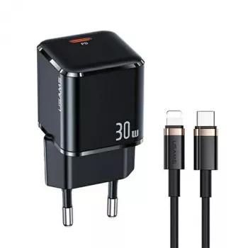 USAMS T45 30W PD3.0 USB-C Fast Charger mit U63 USB-C auf Lightning Kabel, Schwarz, UXTZH01