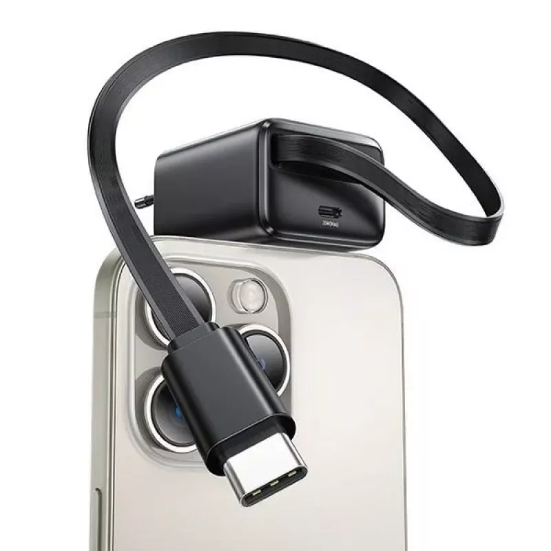 USAMS YC Series GaN 20W USB-C Netzteil mit einziehbarem Kabel, PD+QC Schnellladung, Schwarz (US-CC233)