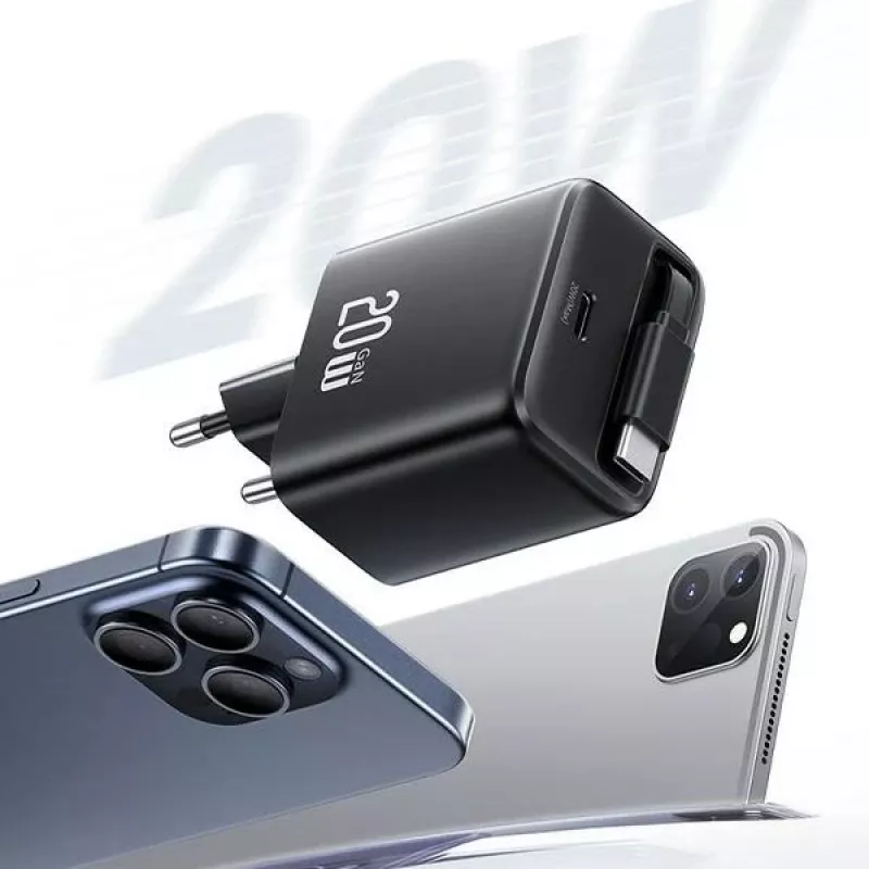 USAMS YC Series GaN 20W USB-C Netzteil mit einziehbarem Kabel, PD+QC Schnellladung, Schwarz (US-CC233)