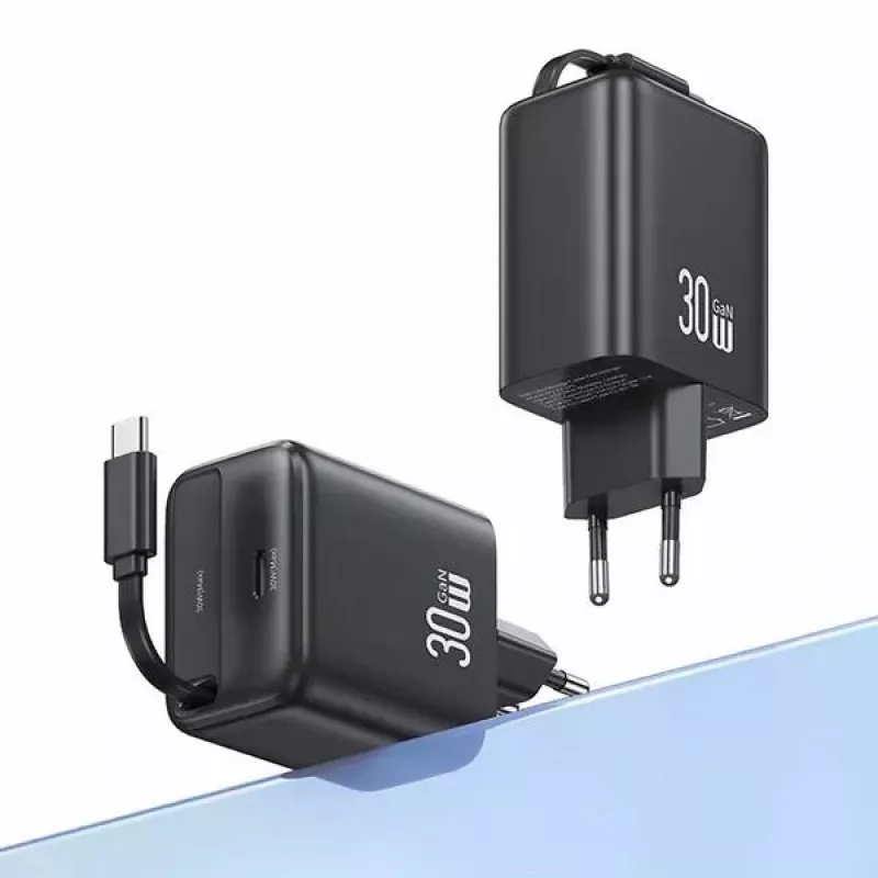 USAMS YC Series CC241TC01 30W GaN USB-C-Netzteil mit einziehbarem USB-C-Kabel, PD+QC-Schnellladung, Schwarz