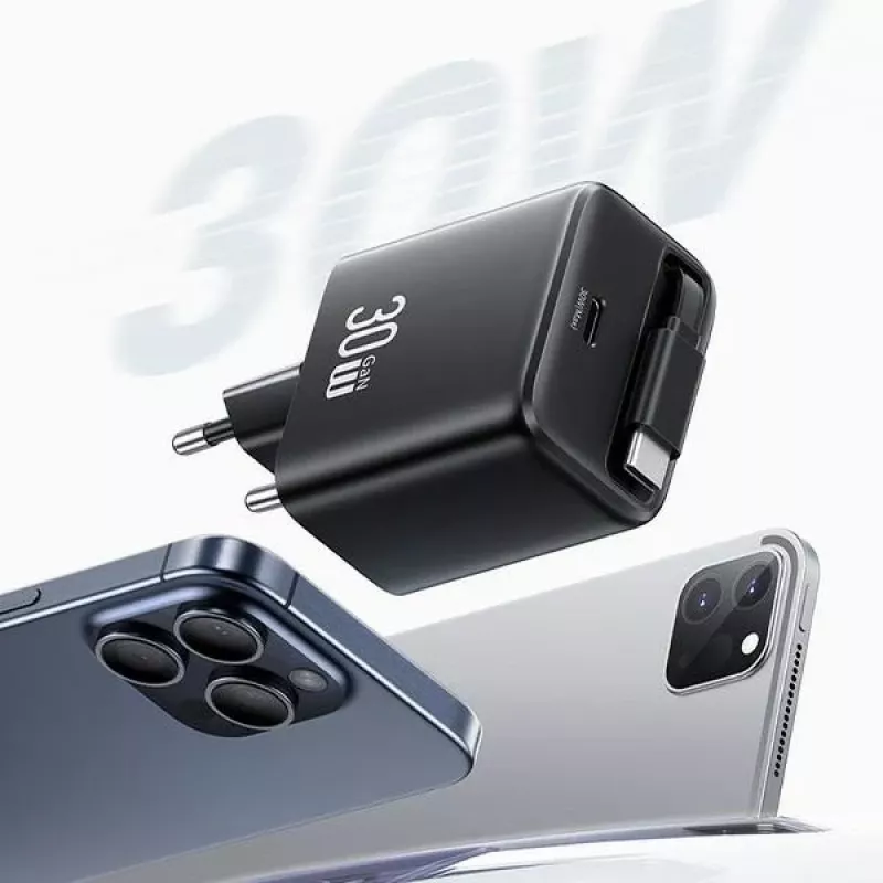 USAMS YC Series CC241TC01 30W GaN USB-C-Netzteil mit einziehbarem USB-C-Kabel, PD+QC-Schnellladung, Schwarz