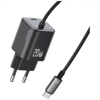 USAMS 20W GaN Fast Charger mit USB-C-Kabel, Schwarz