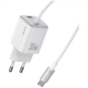 USAMS JC Series CC264 30W GaN Mini-Schnellladegerät, USB-C mit integriertem USB-C-Kabel, Weiß