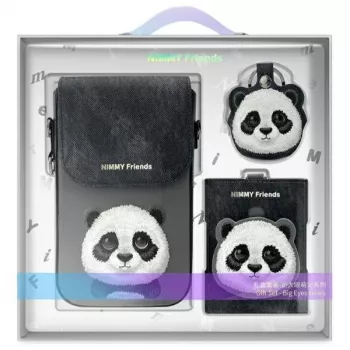 Nimmy 3-in-1 Set: Handytasche + Geldbörse + Tracker-Hülle, Schwarz, Big Eyed Pet 2.0 Panda