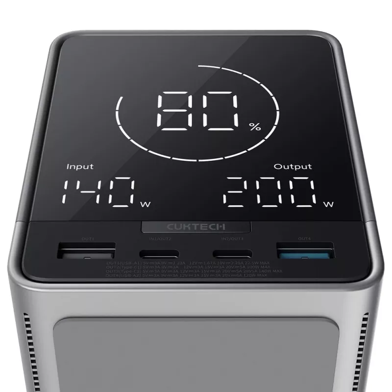 CUKTECH 300W 40000 mAh Power Bank mit kabellosem Laden 2x USB-C + 2x USB-A Schwarz