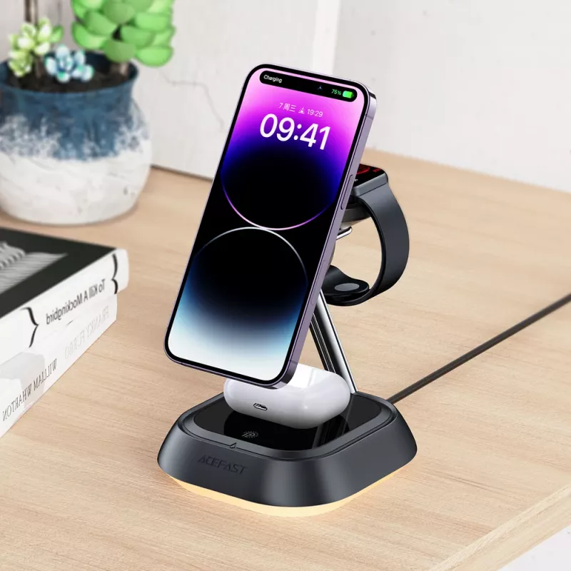 ACEFAST E16 3-in-1 Kabellose Ladestation 15W für Telefon / Ohrhörer / Uhr - Schwarz