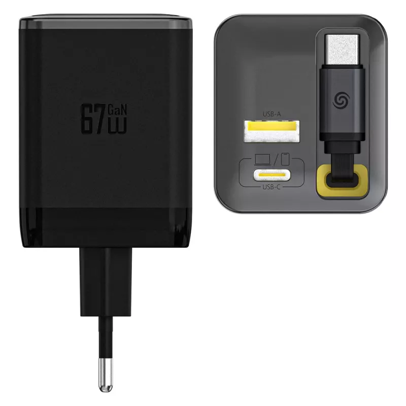 Dudao A67EU GaN 67W Charger mit integriertem ausziehbarem USB-C-Kabel, Power Delivery Quick Charge - Schwarz