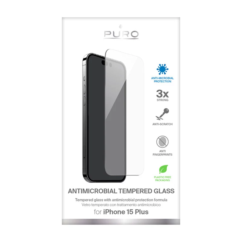 PURO Antibakterielle Displayschutzfolie aus gehärtetem Glas für Apple iPhone 15 Plus
