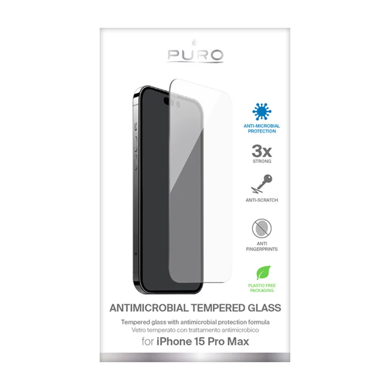 PURO Anti-Bakterieller Displayschutz aus gehärtetem Glas für Apple iPhone 15 Pro Max