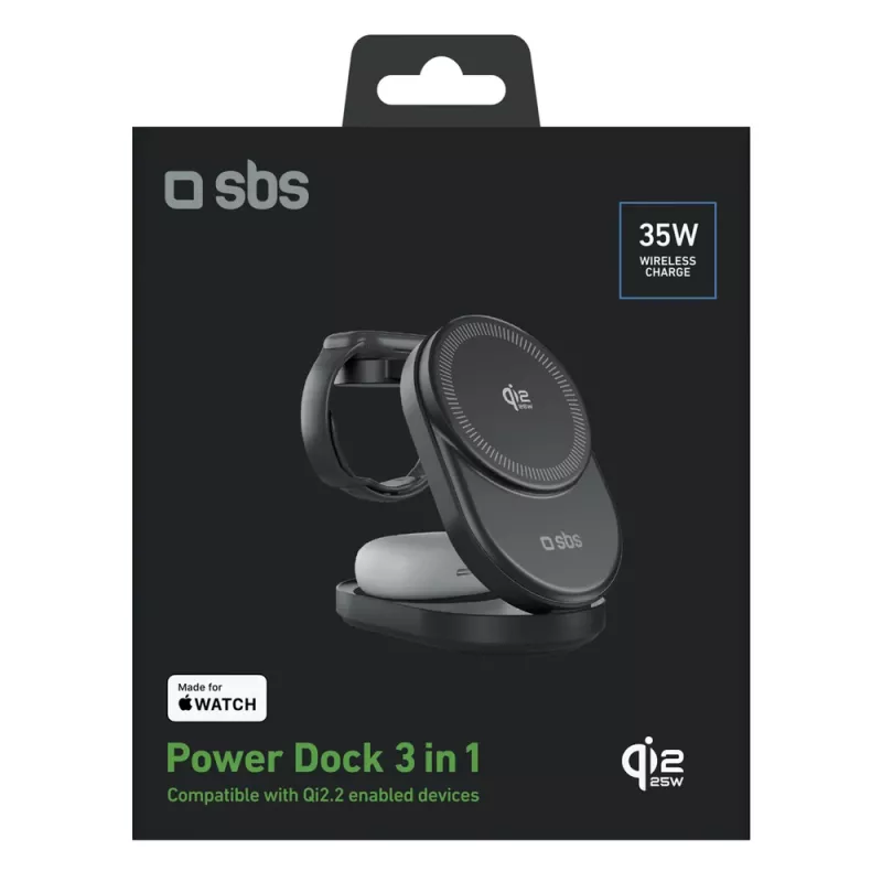 SBS Qi2.2 25W Induktive 3-in-1 Faltbare Ladestation mit MFI-Zertifizierung - Schwarz