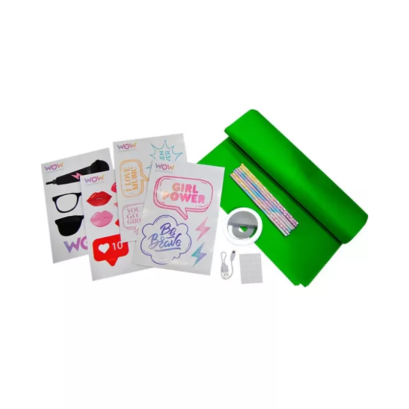 KIDS LED Ring Light für Handy Selfie Vlog + Zubehör-Set Greenscreen 1,5x1m Wow Generation / Wow00024