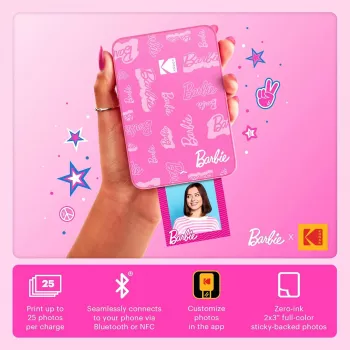 KODAK Step Slim Barbie Instant Photo Printer - Bluetooth 5.0, ZINK Zero Ink Technologie, 2x3 Zoll Ausdrucke, Barbie Pink