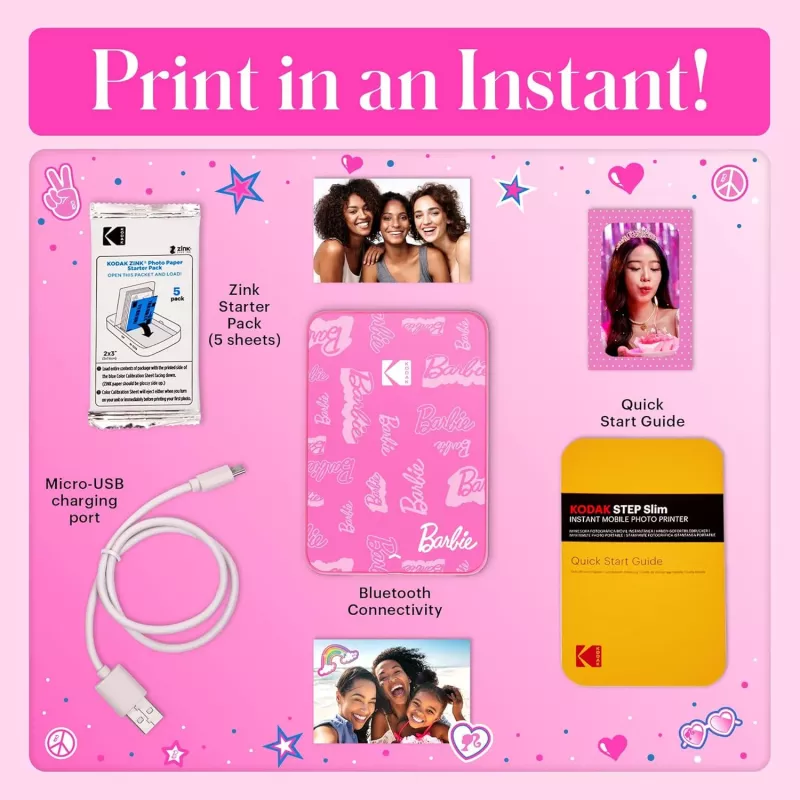 KODAK Step Slim Barbie Instant Photo Printer - Bluetooth 5.0, ZINK Zero Ink Technologie, 2x3 Zoll Ausdrucke, Barbie Pink