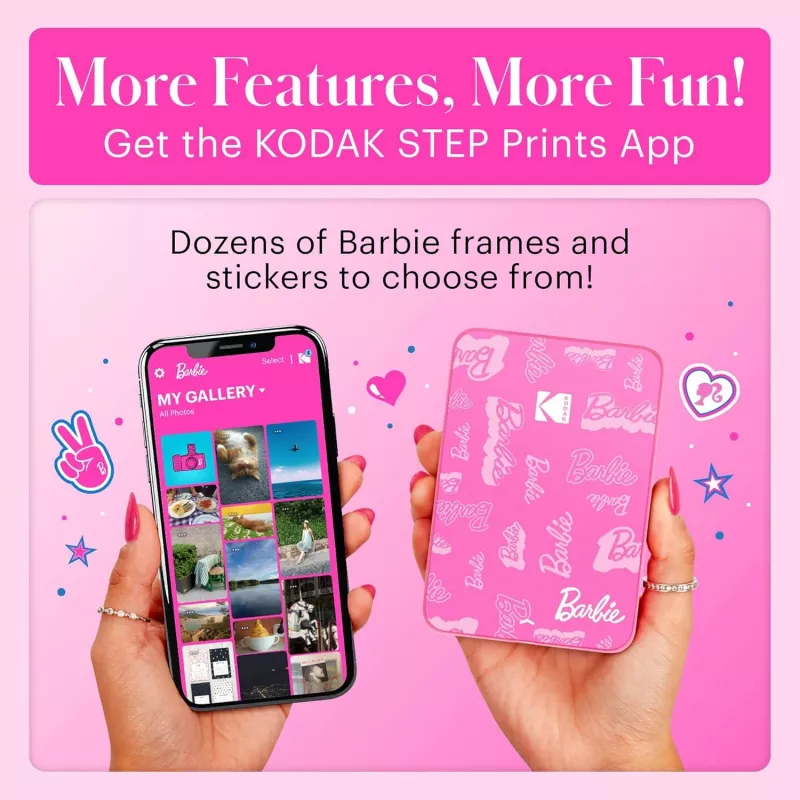 KODAK Step Slim Barbie Instant Photo Printer - Bluetooth 5.0, ZINK Zero Ink Technologie, 2x3 Zoll Ausdrucke, Barbie Pink