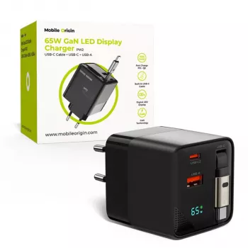 Mobile Origin 65W GaN Charger USB-C Retractable Cable + USB-A 75cm