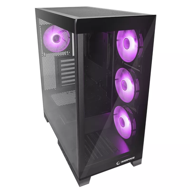 Rampage Hydra V2 Mid-Tower PC-Gehäuse mit 4x 120mm ARGB-Lüftern, gehärtetem Glas, Schwarz