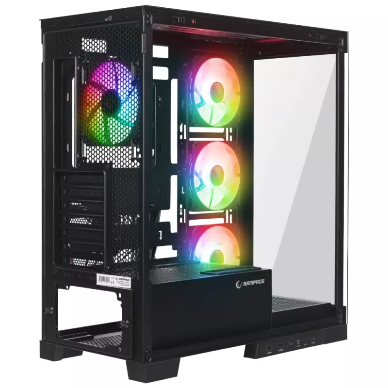 Rampage Hydra V2 Mid-Tower PC-Gehäuse mit 4x 120mm ARGB-Lüftern, gehärtetem Glas, Schwarz
