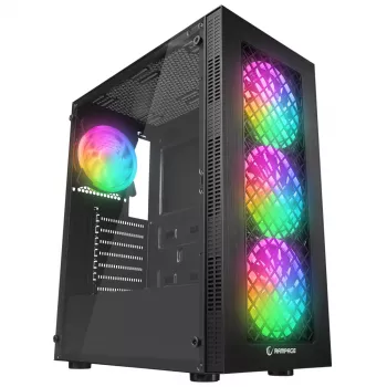 Rampage PLAID V1 Mid Tower PC-Gehäuse mit getempertem Glasfenster, 4x 120mm RGB-Lüfter, Schwarz