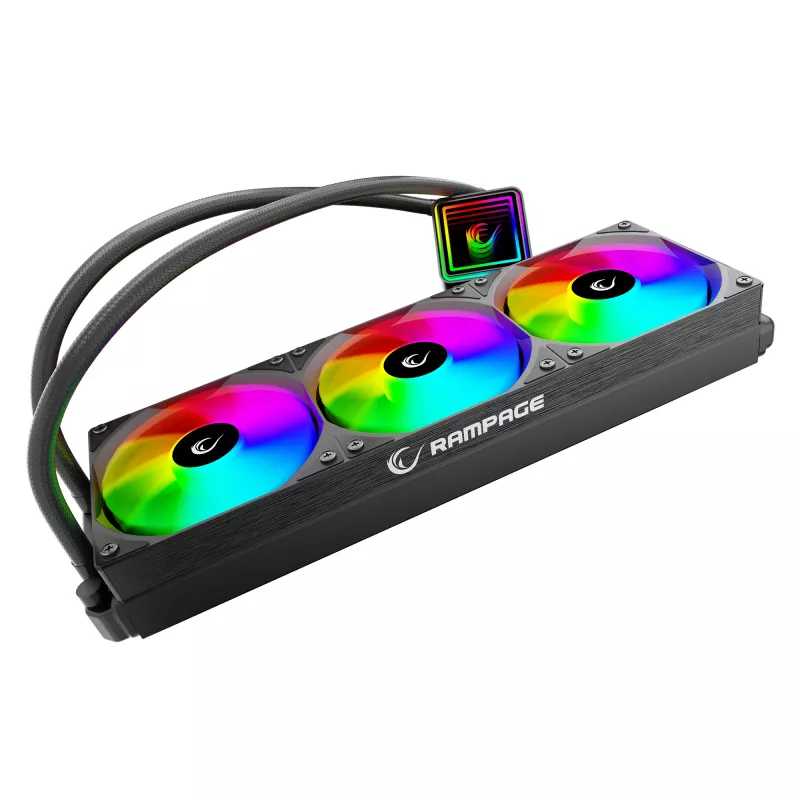 Rampage INFINITE V360 AIO Flüssigkeits-CPU-Kühler 360mm ARGB, Digitales Temperaturdisplay, Schwarz
