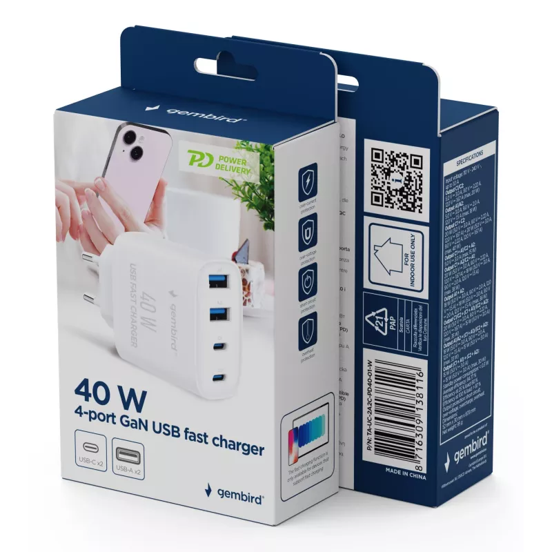 GEMBIRD TA-UC-2A2C-PD40-01-W GaN USB PD 4-Port Ladegerät, 40 W, Weiß