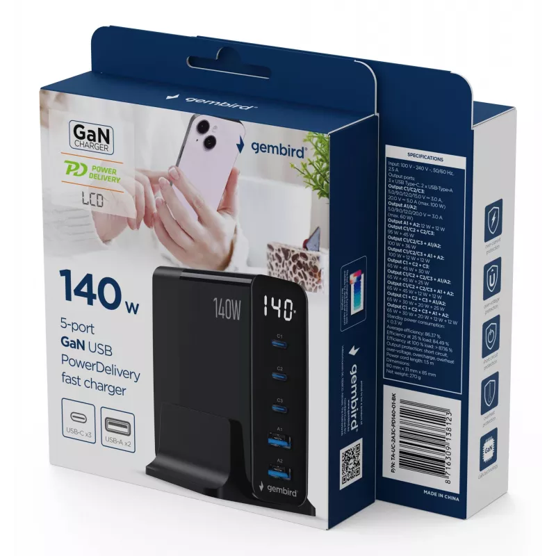 GEMBIRD TA-UC-2A3C-PD140-01-BK GaN 5-Port USB-C & USB-A Schnellladegerät, 140 W, Schwarz