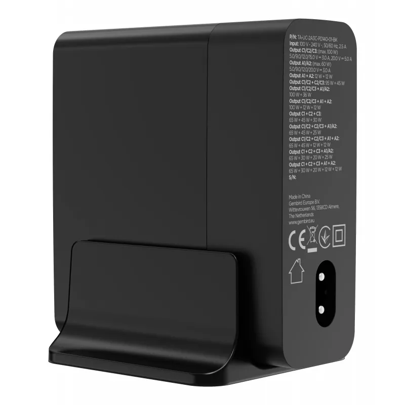 GEMBIRD TA-UC-2A3C-PD140-01-BK GaN 5-Port USB-C & USB-A Schnellladegerät, 140 W, Schwarz
