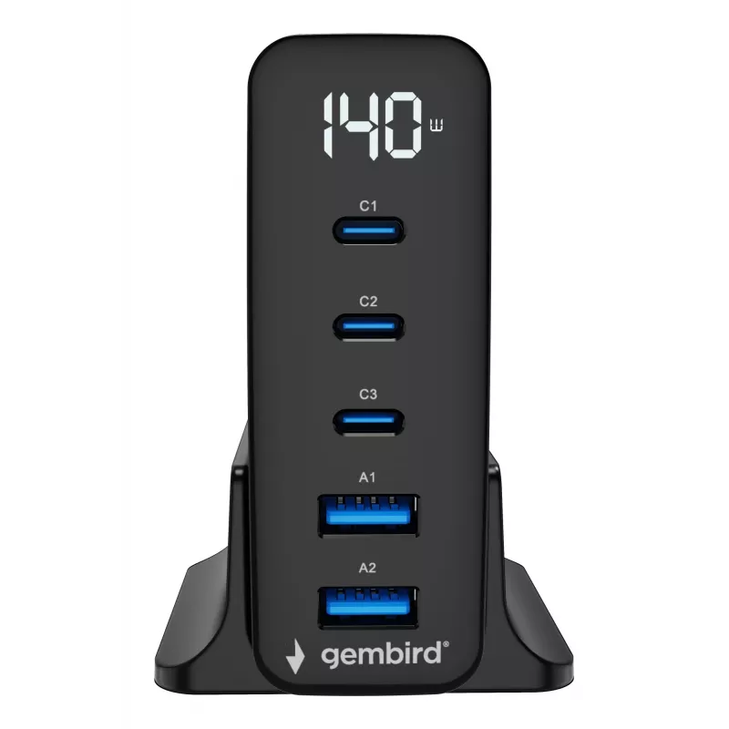 GEMBIRD TA-UC-2A3C-PD140-01-BK GaN 5-Port USB-C & USB-A Schnellladegerät, 140 W, Schwarz