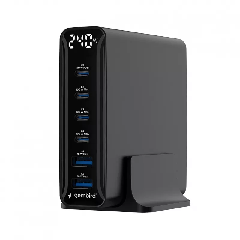 Gembird TA-UC-2A4C-PD240-01-BK 6-Port USB-Ladegerät 240W GaN Schwarz