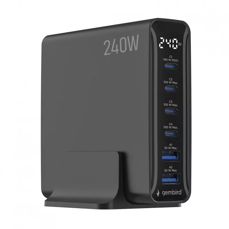 Gembird TA-UC-2A4C-PD240-01-BK 6-Port USB-Ladegerät 240W GaN Schwarz