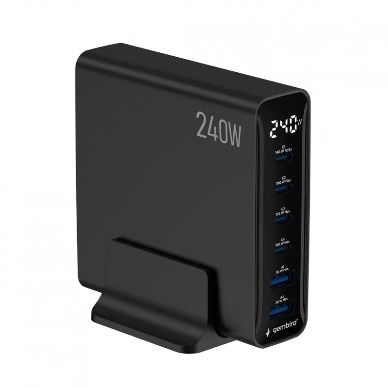 Gembird TA-UC-2A4C-PD240-01-BK 6-Port USB-Ladegerät 240W GaN Schwarz