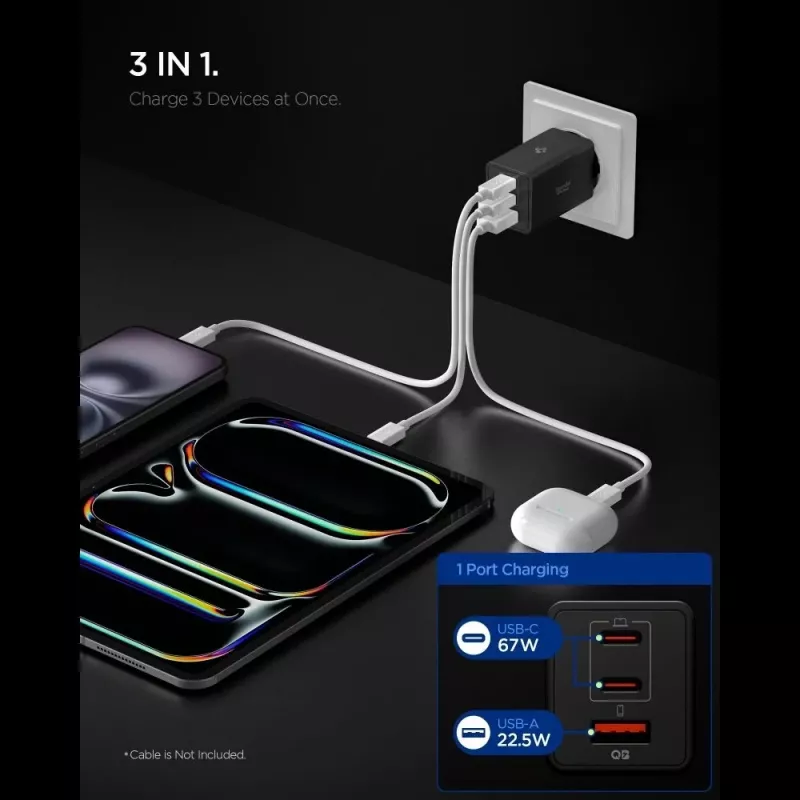 Spigen Essential EE673EU 67W GaN 3-Port USB-C/USB-A Wall Charger Black