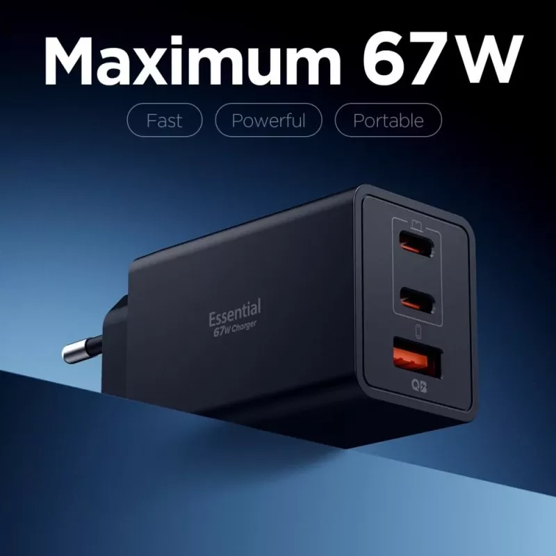 Spigen Essential EE673EU 67W GaN 3-Port USB-C/USB-A Wall Charger Black
