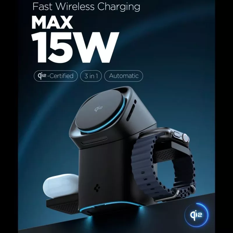 SPIGEN EF223MS Essential 3-in-1 Rotary Magnetic MagSafe Wireless Charger 15W Qi2 Black