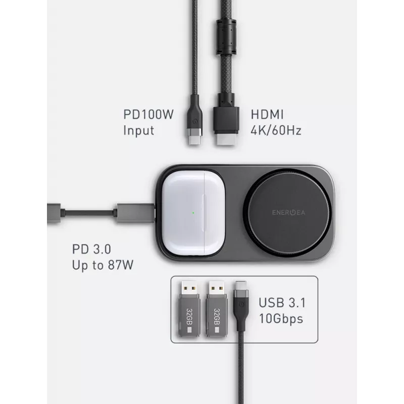 ENERGEA WiDock Plus 7-in-1 USB-C 3.1 Docking Station mit Qi2 Wireless Charging, Graphite