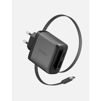 ENERGEA Ampcharge Arc 65W GaN USB-A/USB-C Wandladegerät mit einziehbarem USB-C-Kabel, Gunmetal