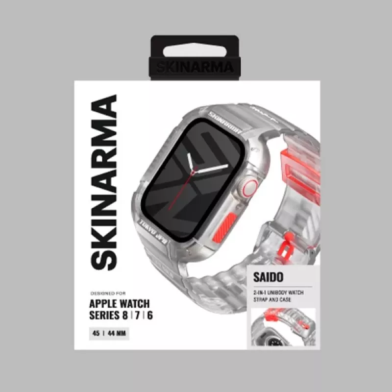 SKINARMA Saido 2-in-1 Case and Strap für Apple Watch 45/44mm, Clear/Transparent