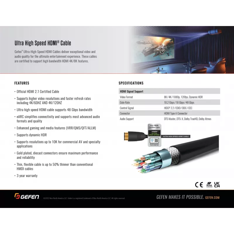 Gefen GEF-CAB-HS-HDMI-15M HDMI 2.1 Kabel 15m 48Gbit/s 8K 4K HDR eARC Schwarz