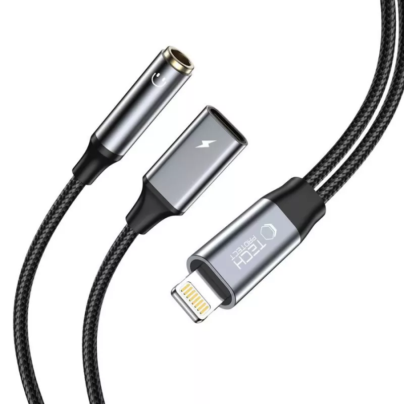 TECH-PROTECT ULTRABOOST Kabeladapter Lightning auf 3,5 mm Mini-Klinke & Lightning, Schwarz