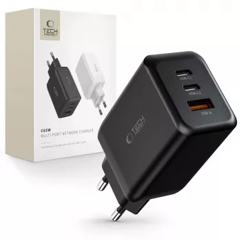 TECH-PROTECT C65W 3-Port Netzwerkladegerät PD 65W / QC3.0 Schwarz