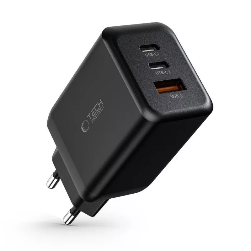 TECH-PROTECT C65W 3-Port Netzwerkladegerät PD 65W / QC3.0 Schwarz